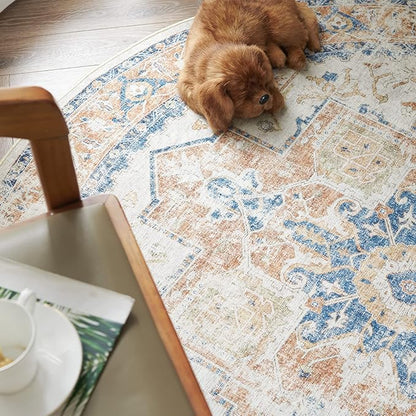 jinchan Kelda Round Rug 5ft Washable Area Rug Indoor Vintage Floor Cover Distressed Circle Mat 5' Round Lightweight Non Slip Low Pile Thin Carpet for Entryway Kitchen Living Room Bedroom Orange