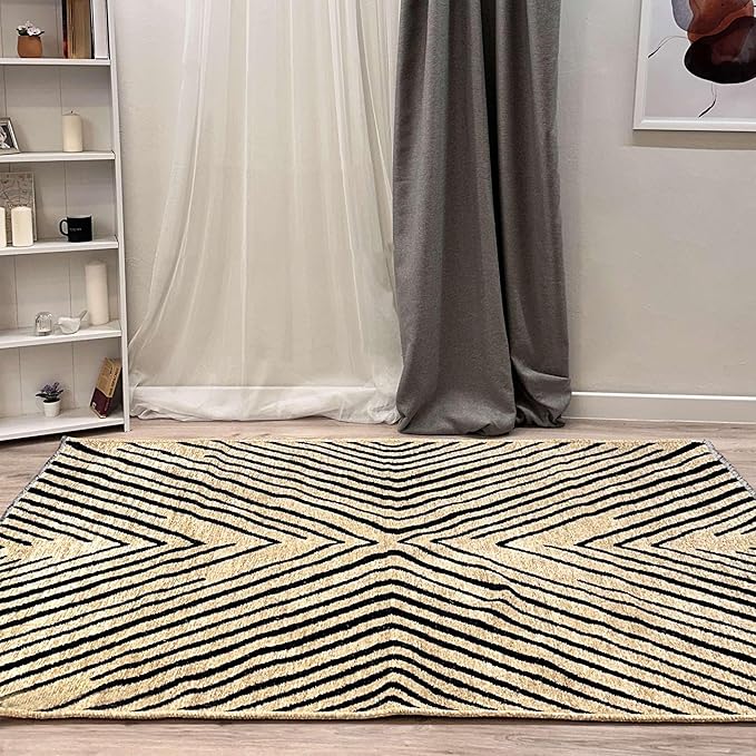 Alfa Rich 7x10 Geometric Beige Black Washable Area Rugs for Living Room Bedroom Kitchen Cotton Rug