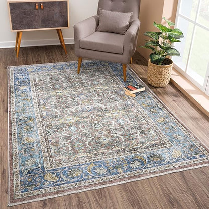 Bloom Rugs Washable Non-Slip 2x3 Rug - Blue/Red Brown Traditional Oriental Area Rug for Living Room, Bedroom, Dining Room, and Kitchen - Exact Size: 2' x 3'