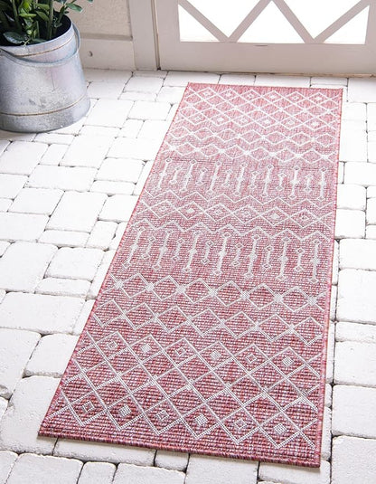 Unique Loom Outdoor Trellis Collection Area Rug - Tribal Trellis (2' x 8' Runner, Rust Red/ Ivory)