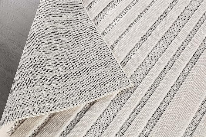 CAMILSON Modern Runner Rug 2x7 Luxury Striped Line Micro Loop Hallway Rugs Soft High-Low Pile Stain Resistant Easy to Clean Non-Shedding Durable Entryway Kitchen Indoor Area Carpet (White)