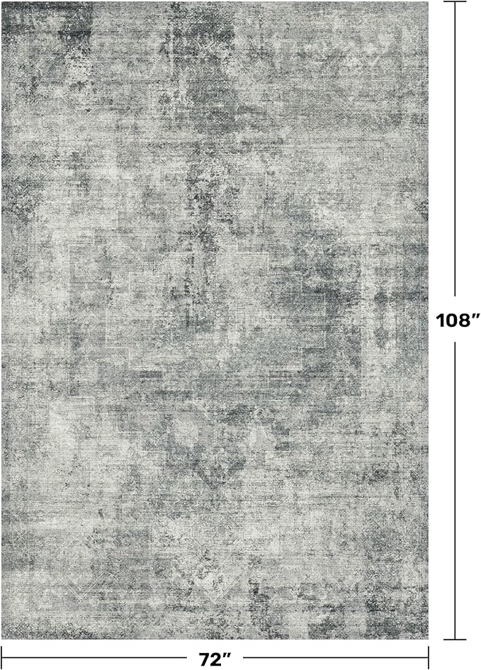 Vintage Dark Blue Rugs for Bedroom - 6x9 Distressed Print Pattern Large Area Rug for Living Room, Dining Room Under Table, Thin & Soft Washable Slate and Gray Décor