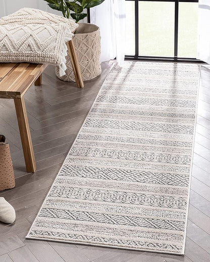 Well Woven Francesca Beige Tribal Geometric Distressed High-Lo Pile (2'7" x 9'10") Runner Rug