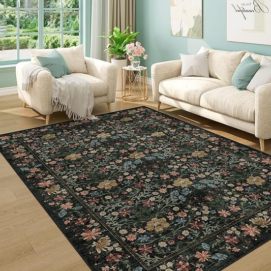 DUKINO 5x7 Area Rugs, Floral Washable Rugs for Bedroom with Non Slip Backing, Vintage Low Pile Indoor Floor Carpets for Bedroom, Living Room, Farmhouse, Home Office, Dining Room, Black
