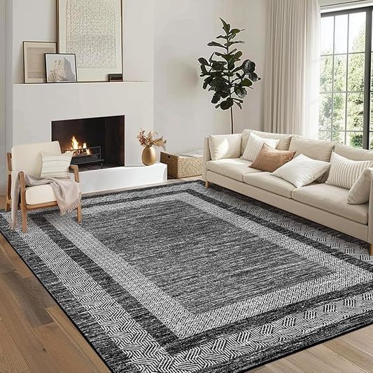 GarveeHome Washable Rug 5x7 Modern Bordered Rug with Non Slip Rubber Backing, Low Pile Thin Carpet, Soft Non Shedding Floor Covering, Foldable Printed Carpet for Living Room Bedroom, Black