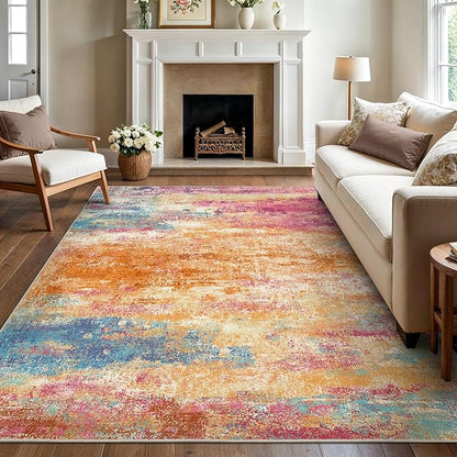 5x7 Area Rugs Washable Pink Rug for Living Room Nursery, Modern Abstract Large Rug Non Slip, Water Repellent Low Pile Soft Carpet for Bedroom, Dining Room, Home Office, Colorful Pink