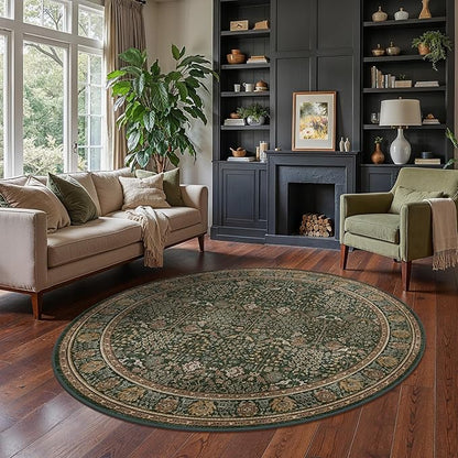 Bavni Round Rug 6ft-Machine Washable Area Rugs Non-Slip for Bedroom, 6x6 Vintage Floral Rug Distressed Throw Carpet for Living Room Nursery Kitchen Bathroom, Dark Green/Multi