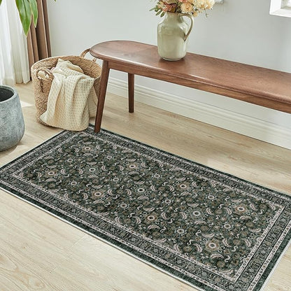 WITSHOCK Washable 2x4 Entryway Area Rug: Soft Non-Slip Backing Washable Rugs Vintage Flower Boho Accent Small Rugs for Bedroom, Kitchen, Bathroom, Nursery Entrance,Dark Green
