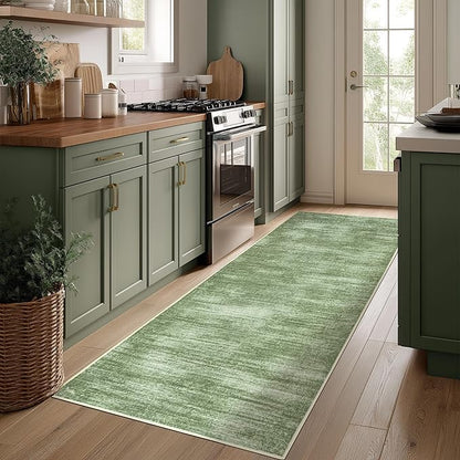 Olive Green Rug Runners for Hallways Non Slip Washable Neutral Abstract Minimalist Low Pile Floor Protector Carpet Hunter Green 3x8 Runner Rug for Laundry Room Kitchen