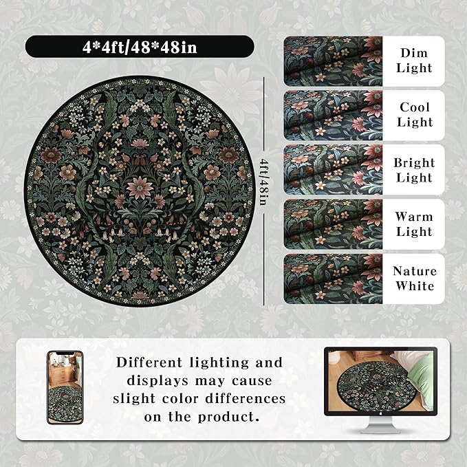 Round Rug 4ft Black Washable Floral Circle Rug,Vintage Boho Botanical Round Area Rugs, Non-Slip Soft Low-Pile Circular Carpet for Bedroom,Kids Room,College Dorm,Home Decor