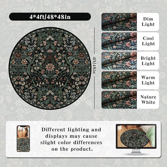 Round Rug 4ft Black Washable Floral Circle Rug,Vintage Boho Botanical Round Area Rugs, Non-Slip Soft Low-Pile Circular Carpet for Bedroom,Kids Room,College Dorm,Home Decor