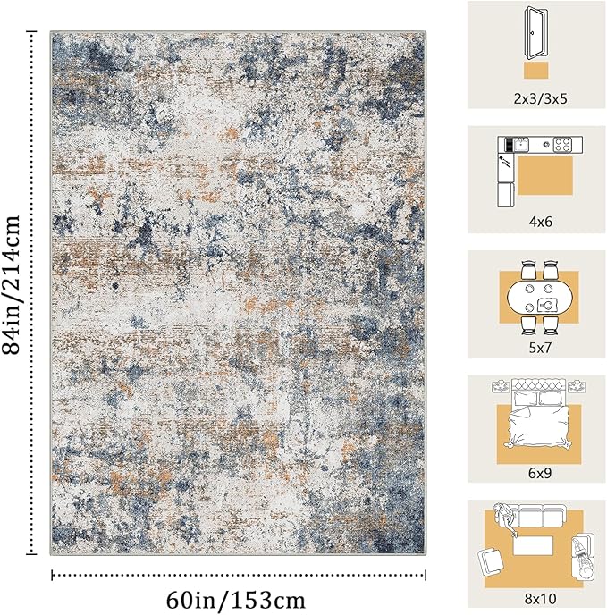5x7 Washable Area Rug for Living Room, Multicolor Modern Vintage Abstract Rug Large Non-Slip Low Pile Soft Faux Wool Carpet, Kids and Pets Friendly for Bedroom Dining Room Farmhouse Home Decor Rug
