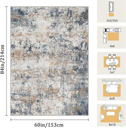 5x7 Washable Area Rug for Living Room, Multicolor Modern Vintage Abstract Rug Large Non-Slip Low Pile Soft Faux Wool Carpet, Kids and Pets Friendly for Bedroom Dining Room Farmhouse Home Decor Rug