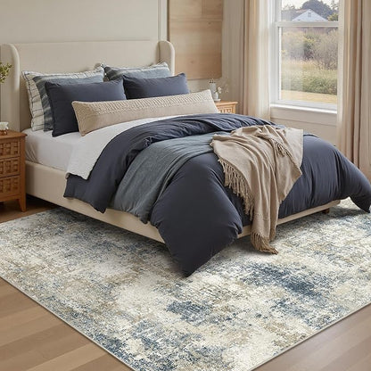 Bavni 8x10 Area Rugs Machine Washable Rug for Living Room, Modern Printed Rug Indoor Soft Area Rug for Bedroom Dining Room, Ultra-Thin Low Pile Carpet with Non Slip Rubber Backing, Gray Beige Blue