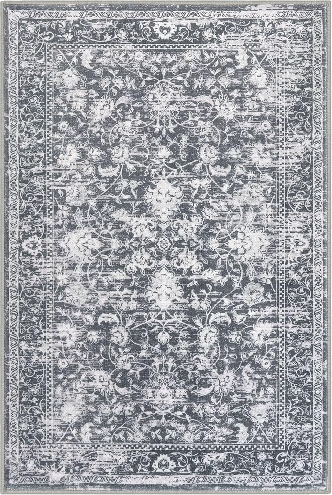 KILOCOCO Moroccan Small Area Rug 2x3 Entryway Rugs Printed Vintage Floral Washable Rug Non-Slip Kitchen Rug Indoor Door Mat, Accent Throw Small Rugs for Laundry Room Bedroom Entrance, Grey