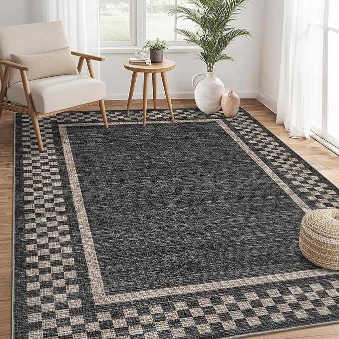 GarveeHome Washable Area Rugs 8x10 Non Slip Soft Large Living Room Rug Modern Checkered Bedroom Rug Soft Geometric Bordered Throw Carpet for Dining Room Home Decor Office Nursery, Black