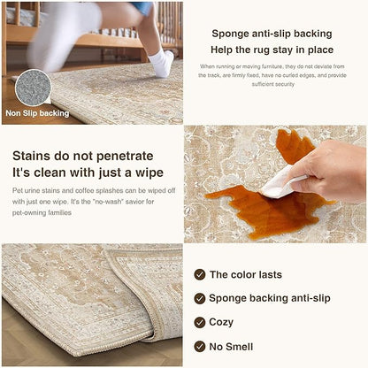 HUGEAR Machine Washable Area Rugs 8x10 Vintage Beige Brown Living Room Bedroom Rug Neutral Style Non Slip Stain Resistant Low Pile Throw Carpet for Home Retro Aesthetic Modern Decor