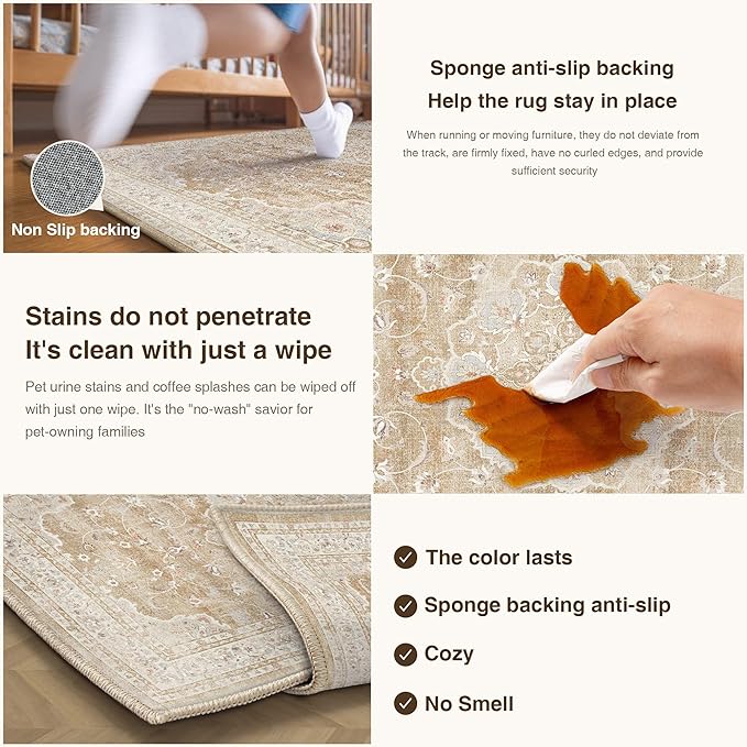 HUGEAR Machine Washable Area Rugs 5x7 Vintage Beige Brown Living Room Bedroom Rug Neutral Style Non Slip Stain Resistant Low Pile Throw Carpet for Home Retro Aesthetic Modern Decor