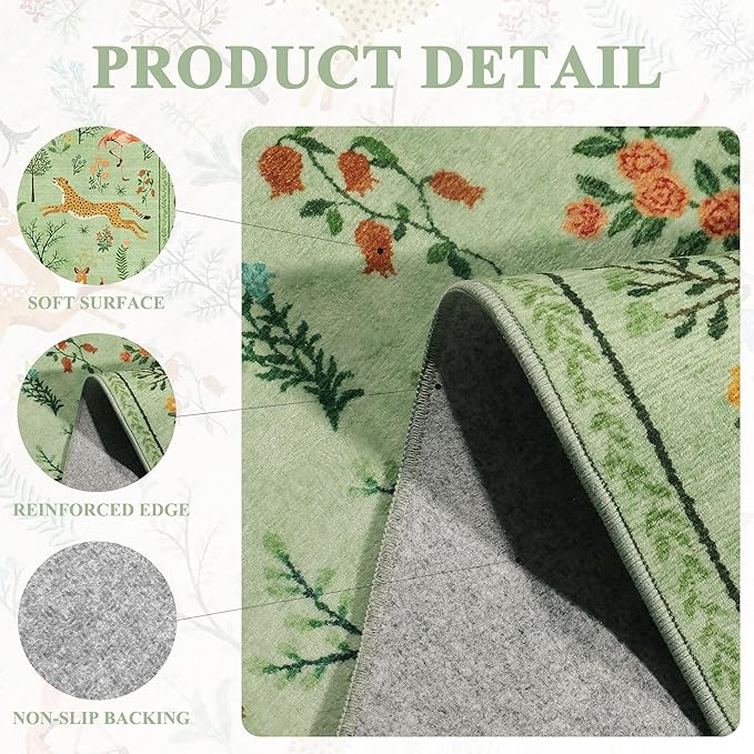DUKINO 6x9 Rug, Washable Animal Living Room Rug with Non Slip Vintage Design, Soft Low Pile Large Carpet for Bedroom, Nursery, Dining Room, Farmhouse, Playroom, Light Green