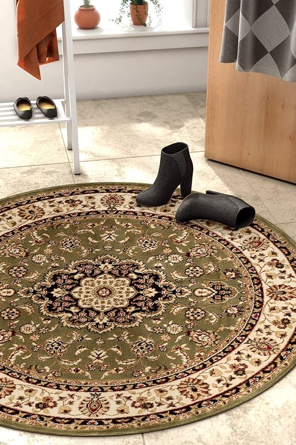 Well Woven Barclay Collection Medallion Kashan Green 8 ft Round Rug - for Living Room, Bedroom, and Dining Room
