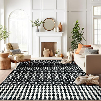Rugshop Boho Black and White Tribal Area Rug – Geometric Diamond and Stripe Pattern Carpet for Living Room, Bedroom, or Entryway – Soft Modern Bohemian Floor Décor 7' 10" x 10' Black
