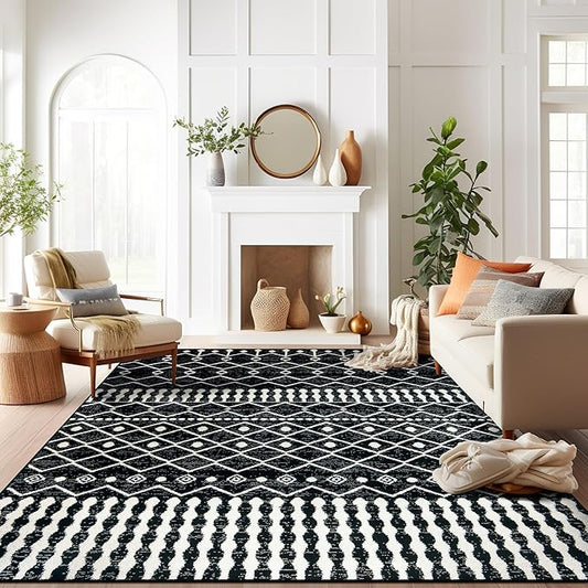 Rugshop Boho Black and White Tribal Area Rug – Geometric Diamond and Stripe Pattern Carpet for Living Room, Bedroom, or Entryway – Soft Modern Bohemian Floor Décor 7' 10" x 10' Black