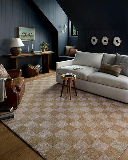 Loloi Chris Loves Julia Calvin Collection CLV-01 Wheat/Ivory 9'-6" x 12'-6" Area Rug Checkered Neutral Soft Living Room Bedroom Carpet