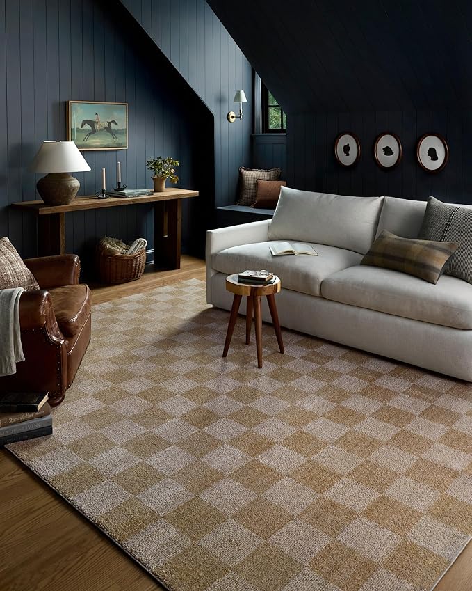 Loloi Chris Loves Julia Calvin Collection CLV-01 Wheat/Ivory 7'-10" x 10' Area Rug Checkered Neutral Soft Living Room Bedroom Carpet