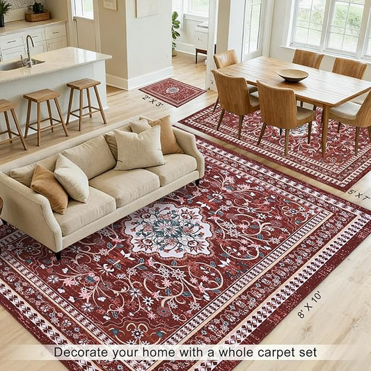 Luxury 8' x 10' Red Washable Area Rugs, Boho Low Pile Easy Clean Non-Slip Rug, Floral Medallion Pattern Vintage Rugs for Living Room, Dinning Room, Office, Bedroom, Bathroom, Laundry Room, Farmhouse