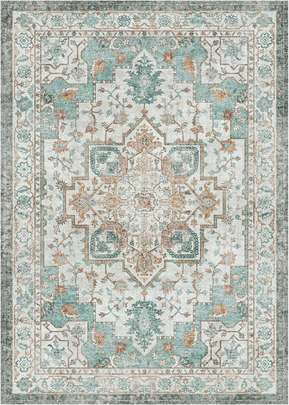 GENIMO 8x10 Area Rugs for Living Room, Machine Washable Non Slip Vintage Rugs, Low Pile Lightweight Chenille Print Rug for Bedroom, Dining Room, Home Office, Cyan