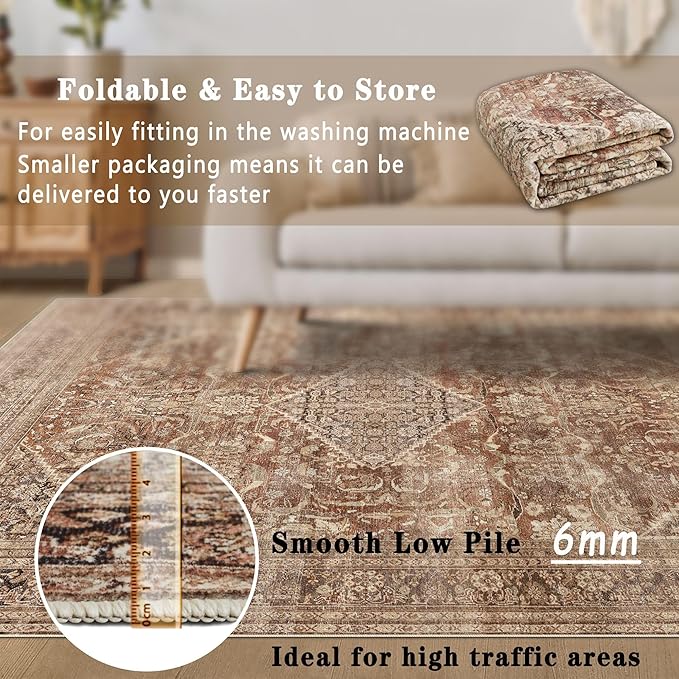 vivorug 4x6 Rug, Small Area Rug for Living Room, Bedroom, Kitchen, Machine Washable Non-Slip Throw Rug, Vintage Carpet for Entryway Nursery Coffee Table - Durable (Earth Tone)