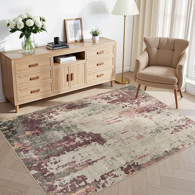 4x6 Area Rug Living Room Rugs - Washable Neutral Modern Abstract Soft Thin Rug Indoor Floor No Slip Rug Carpet for Bedroom Under Dining Table Home Office Decor - Purple/Green/Beige