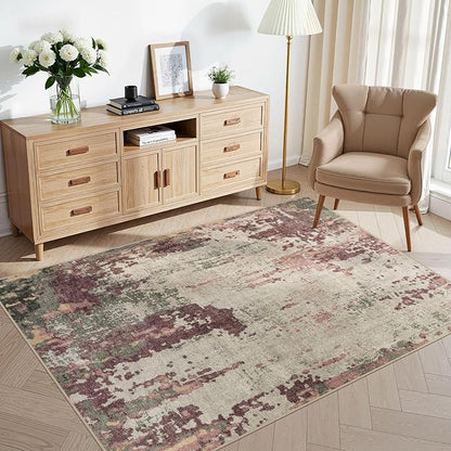 4x6 Area Rug Living Room Rugs - Washable Neutral Modern Abstract Soft Thin Rug Indoor Floor No Slip Rug Carpet for Bedroom Under Dining Table Home Office Decor - Purple/Green/Beige