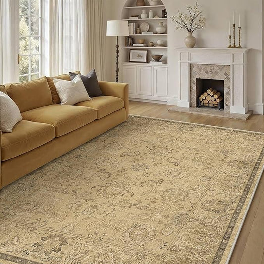 HUGEAR 9x12 Machine Washable Area Rugs Vintage Brown - Neutral Living Room Bedroom Rug Non Slip Stain Resistant Low Pile Aesthetic Throw Carpet Kids & Pet Friendly