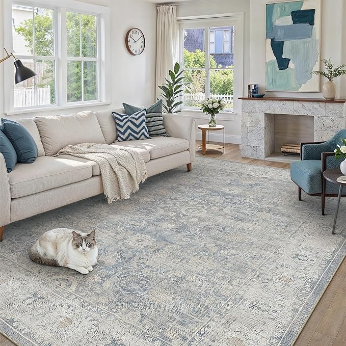 8x10 Blue Washable Area Rug for Living Room Bedroom Neutral Soft Non Slip Rug Low Pile Vintage Distressed Carpet for Dining Room Nursery Office Indoor