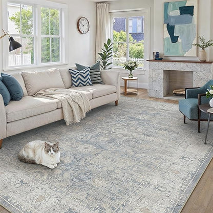 8x10 Blue Washable Area Rug for Living Room Bedroom Neutral Soft Non Slip Rug Low Pile Vintage Distressed Carpet for Dining Room Nursery Office Indoor