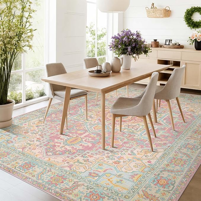 Kokia 9x12 Washable Area Rugs Blossom Pink with Vintage Orient Design, Soft Rug for Living Room or Bedroom, Non-Slip Low Pile Stain Resistance Features, Distressed Medallion Pattern