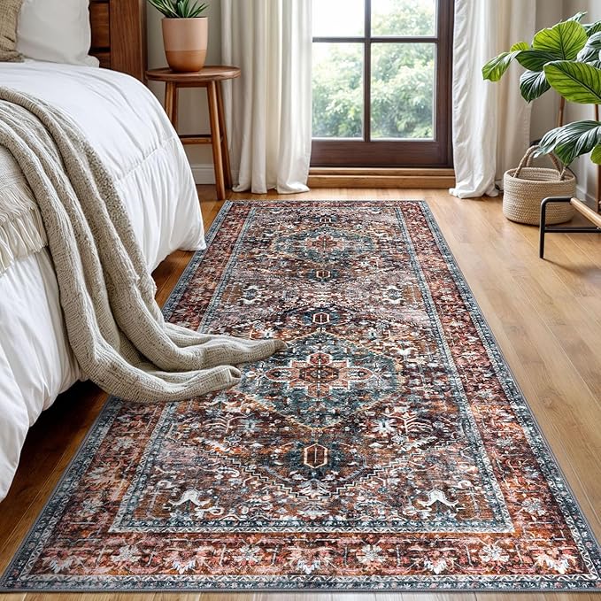 KOZYFLY Area Rug 3x8 Ft Washable Boho Runner Rug for Entryway Hallway Indoor Printed Oriental Faux Wool Carpet for Kitchen Bedroom Hall, Brick Red/Orange/Green