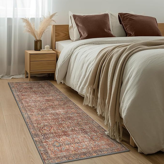 Bavni 2x5 Runners Machine Washable Boho Rug Runners for Hallway,Ultra-Thin Low Pile Rug,Lightweight Carpet,Non Slip Floral Runners for Enrtyway, Corridor, Home Office, Kitchen,Terracotta/Indigo