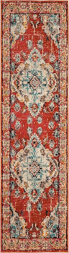 SAFAVIEH Monaco Collection Runner Rug - 2'2" x 18', Orange & Light Blue, Boho Chic Medallion Distressed Design, Non-Shedding & Easy Care, Ideal for High Traffic Areas in Living Room, Bedroom (MNC243H)