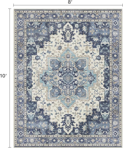 8x10 Area Rugs for Living Room, Machine Washable Non Slip Vintage Rugs, Low Pile Lightweight Print Rug for Bedroom, Dining Room, Home Office,Center Blue