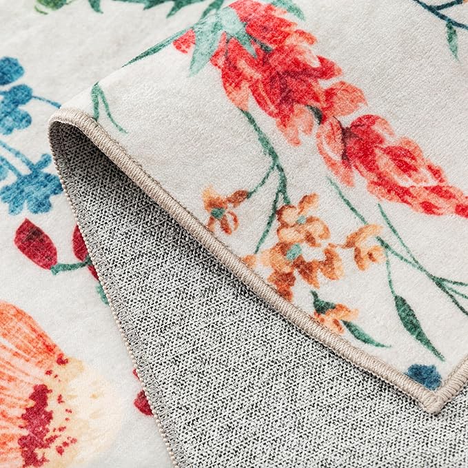 Beige Area Rug 8x10 Floral Washable Living Room Kitchen Boho Carpet Non Slip Low Pile Indoor Accent Lightweight Soft Throw Rug for Bedroom Office Dining Room Nursery Farmhouse