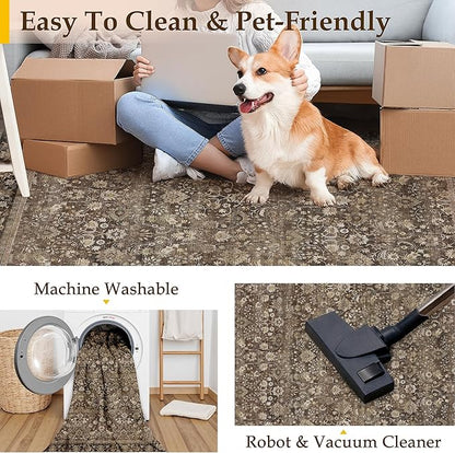 HUGEAR 2x3 Small Rug Machine Washable Area Rug Brown Entryway Rugs Entrance Door Mat Indoor Accent Rugs Floral Low Pile Carpet Distressed Throw Rug Kitchen Bedroom Office Non Slip