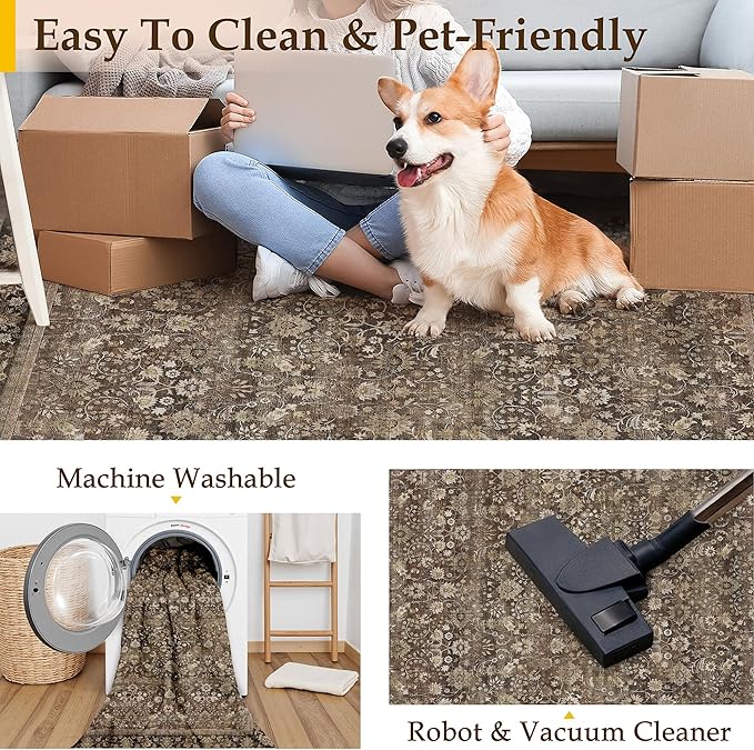 HUGEAR 2x8 Runner Rug Machine Washable Brown Hallway Area Rug Indoor Accent Rugs Floral Low Pile Carpet Soft Throw Rugs Bedroom Living Room Office Dining Kitchen Laundry Non Slip