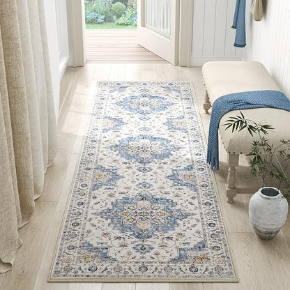 jinchan Runner Rug 2x6 Vintage Hallway Rug Boho Washable Runner Floral Medallion Retro Lightweight Non Slip Classic Thin Soft Carpet for Kitchen Bedroom Bathroom Laundry Room Doorway Blue