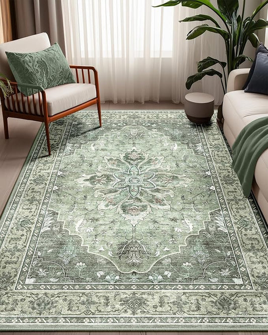 Area Rugs 5'x7' Washable Non-Slip, Floral Vintage Distress Print Pattern Medallion Carpet for Living Room Bedroom Dining Room, Dark Green Gray