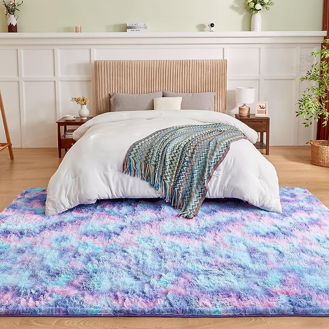 Andency Soft Area Rugs for Living Room Bedroom, 5x8 Fluffy Shaggy Bedside Rug, Non-Slip Large Shag Fuzzy Plush Carpets for Bedroom Kids Dorm Nursery Home Decor Aesthetic, Tie-Dyed Unicorn Rainbow