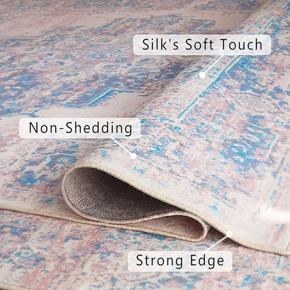 vivorug Runner Rug 2x10 Machine Washable Rug with Non-Slip Backing, Ideal for Kitchen Hallway Entryway Laundry Room - Vintage-Inspired, Durable, Easy Clean, Low Pile Carpet Runner, Pink