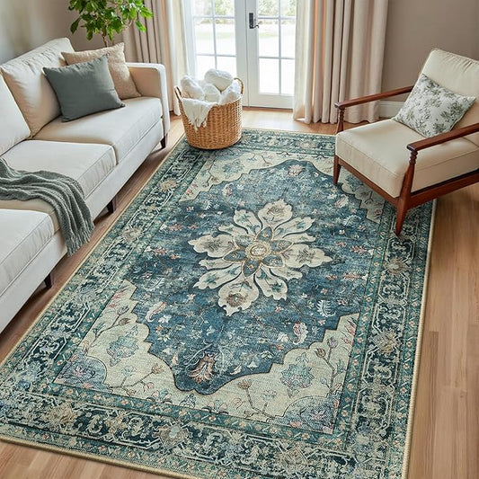 Area Rugs 5'x8' Washable Non-Slip, Floral Vintage Distress Print Pattern Medallion Carpet for Living Room Bedroom Dining Room, Dark Blue Vintage