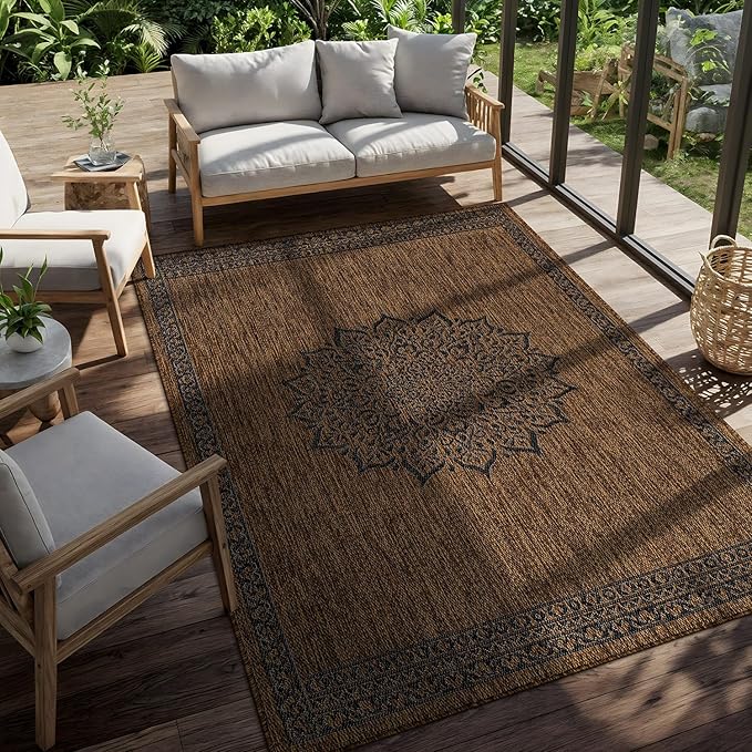 CAMILSON Outdoor Rug 10x14 Medallion Gold Modern Large Area Rugs for Indoor and Outdoor Patios Kitchen and Hallway Mats Washable Porch Deck Outside Carpet (Medallion Gold 10 x 14)